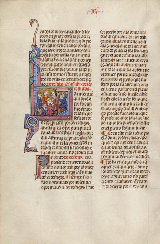 Initial L: A Man Clubbing Another Man before a Judge; Vidal Mayor, about 1290-1310. Creator: Unknown.