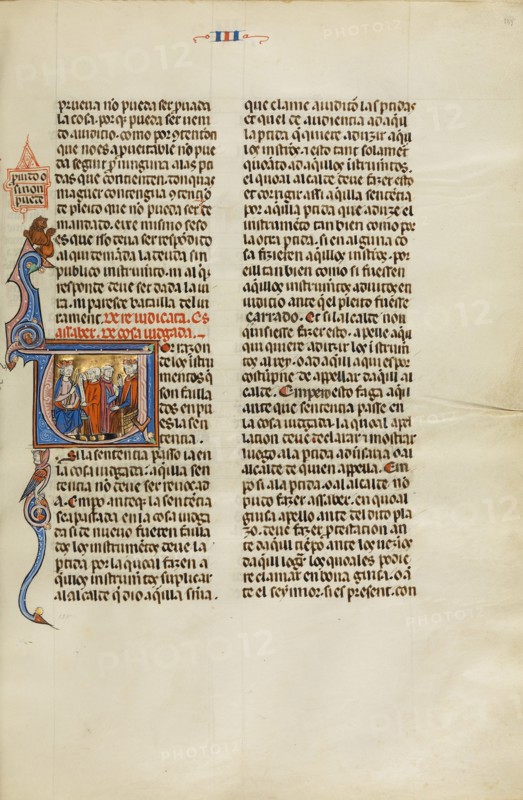 Initial P: A King and a Judge Speaking to Two Men; Vidal Mayor, about 1290-1310. Creator: Unknown.