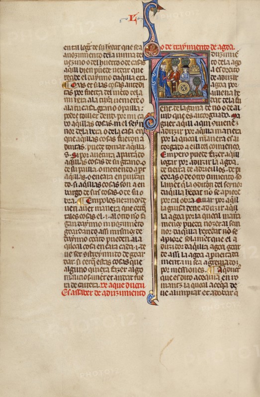 Initial A: A Judge and Two Men Pointing to an Aquaduct and a Millwheel; Vidal Mayor, about 1290-1310 Creator: Unknown.