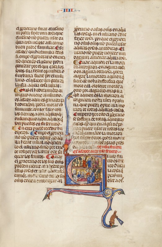 Initial E: A Man with Children before a Judge and An Old Man in his Sickbed..., about 1290-1310. Creator: Unknown.