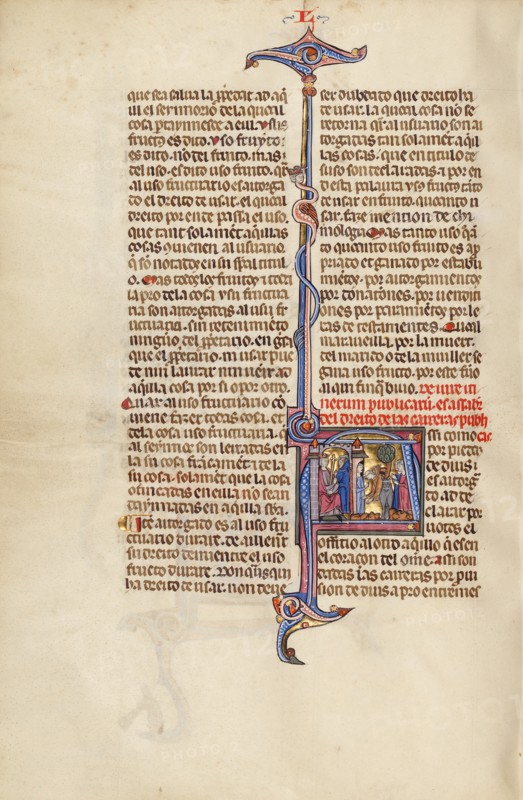 Initial A: A Man before a King and A Man within a Doorway Receiving the Body..., about 1290-1310. Creator: Unknown.