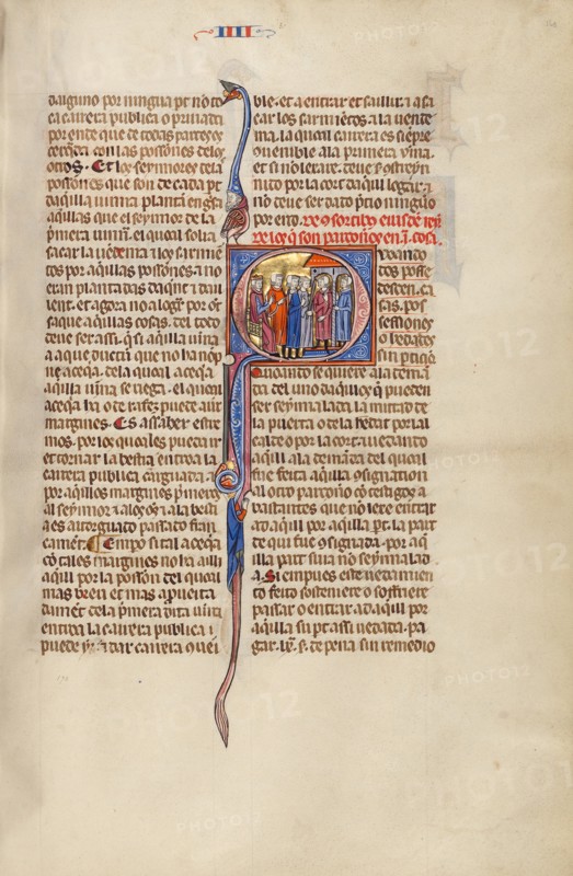Initial Q: Three Men Standing before a Judge and Pointing to Two Men in..., about 1290-1310. Creator: Unknown.
