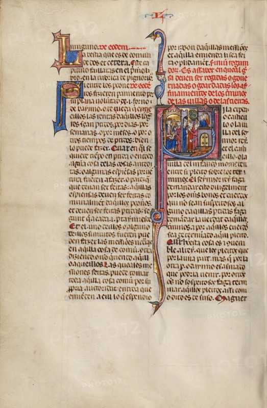 Initial S: Two Men before a King; Others Watching Two Men Fighting; Vidal Mayor, about 1290-1310. Creator: Unknown.