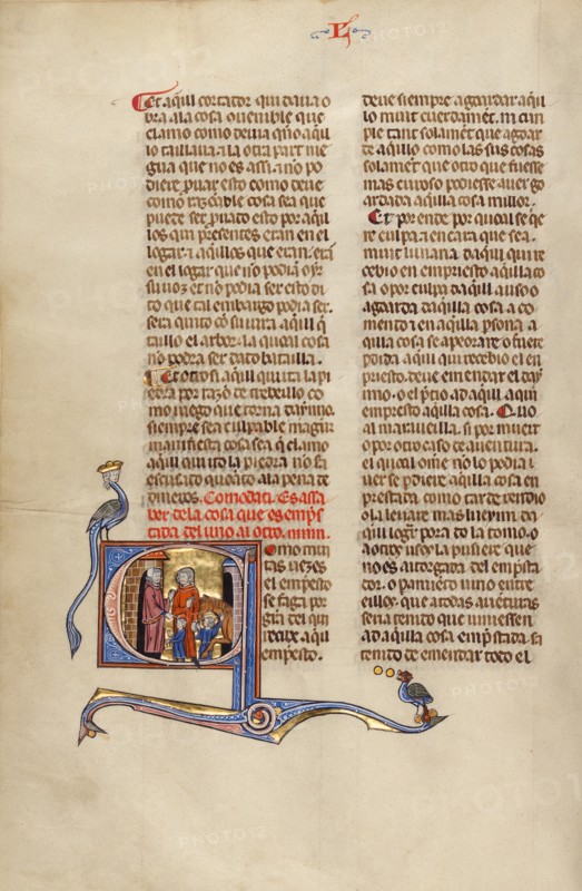 Initial C: A Man Greeting another Man with Two Sons and a Horse; Vidal Mayor, about 1290-1310. Creator: Unknown.