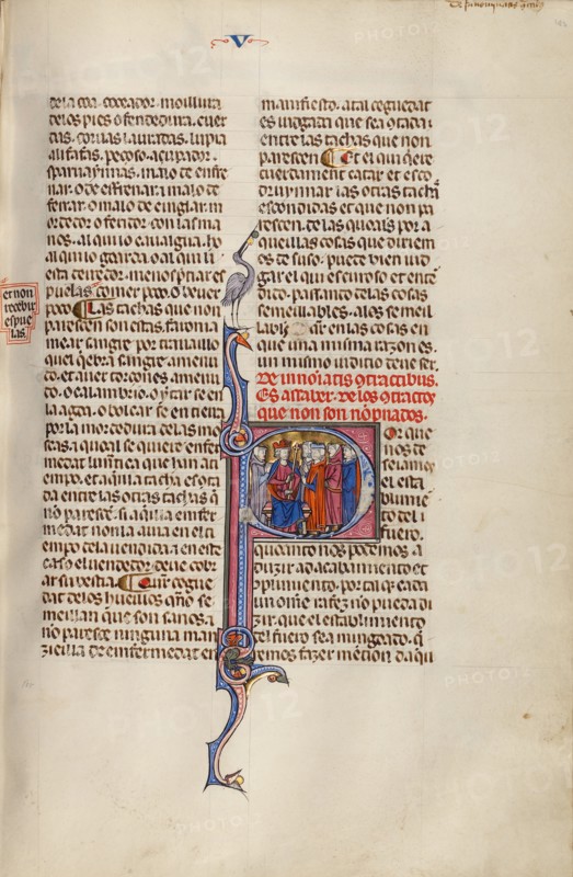 Initial P: Four Men before a King; Vidal Mayor, about 1290-1310. Creator: Unknown.