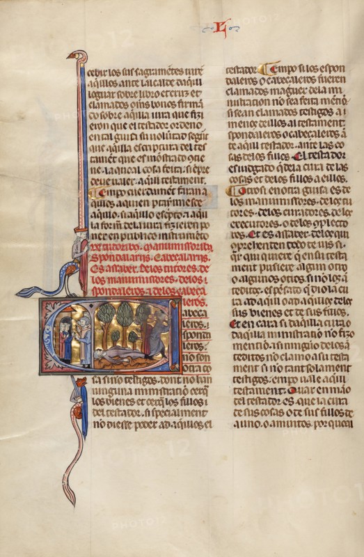 Initial C: Two Men Speaking to Two Youths and A Man Lying on the Ground while..., about 1290-1310. Creator: Unknown.