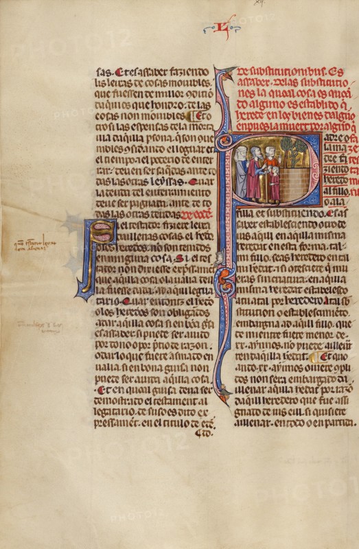 Initial P: An Older Man Meeting a Couple and a Child; Vidal Mayor, about 1290-1310. Creator: Unknown.