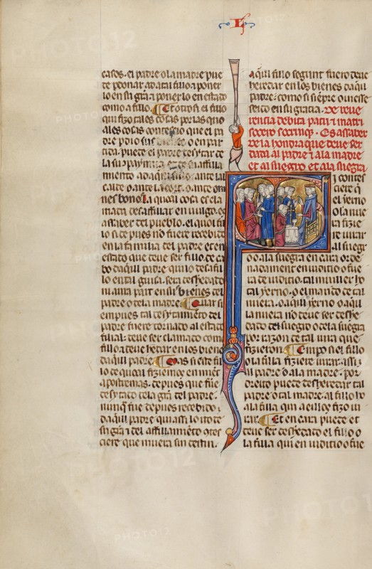 Initial S: Three Children Standing before their Parents and Three Children..., about 1290-1310. Creator: Unknown.