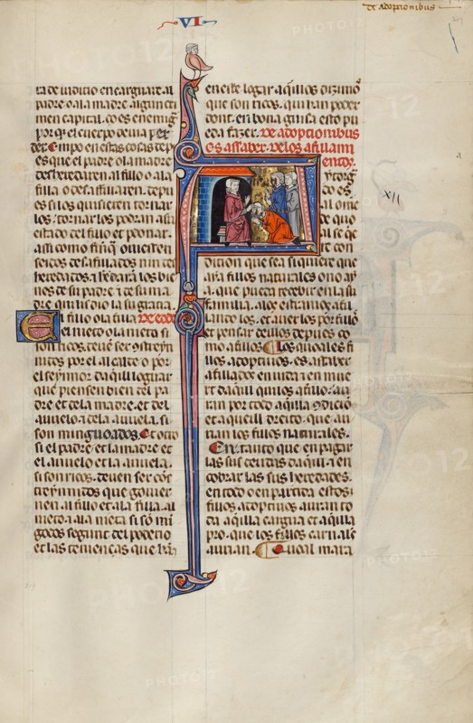 Initial A: A Man Placing his Hand on the Head of a Kneeling Man; Vidal Mayor, about 1290-1310. Creator: Unknown.