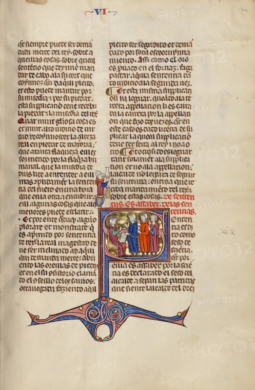 Initial S: Three Men Speaking before a Judge; Vidal Mayor, about 1290-1310. Creator: Unknown.