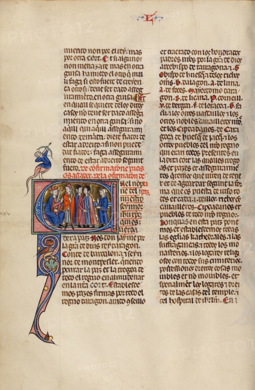 Initial E: Four Men before a King; Vidal Mayor, about 1290-1310. Creator: Unknown.