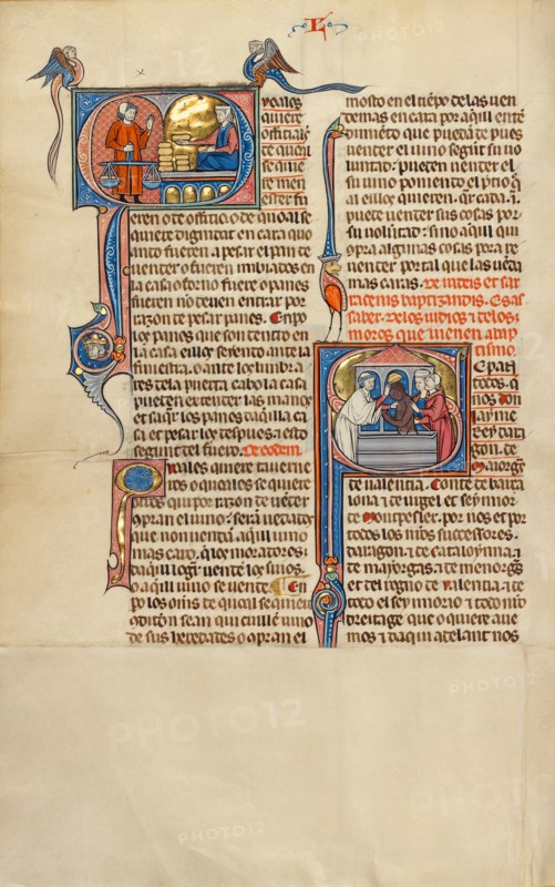 Initial Q: A Woman with Bread Loaves before a Man Holding a Scale: Initial S..., about 1290-1310. Creator: Unknown.