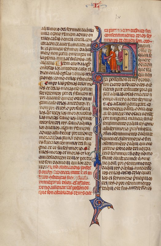 Initial N: Two Men Standing before a Judge Emptying a Money Purse; Vidal Mayor, about 1290-1310. Creator: Unknown.