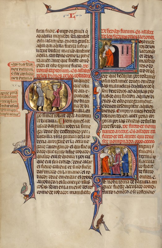 Initial Q: Two Men Fighting with Clubs: Initial L: A Man Leaving a House with..., about 1290-1310. Creator: Unknown.