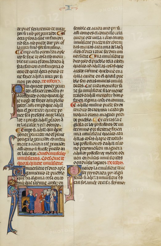 Initial U: A Man with a Horse Greeting a Group of Men; Vidal Mayor, about 1290-1310. Creator: Unknown.