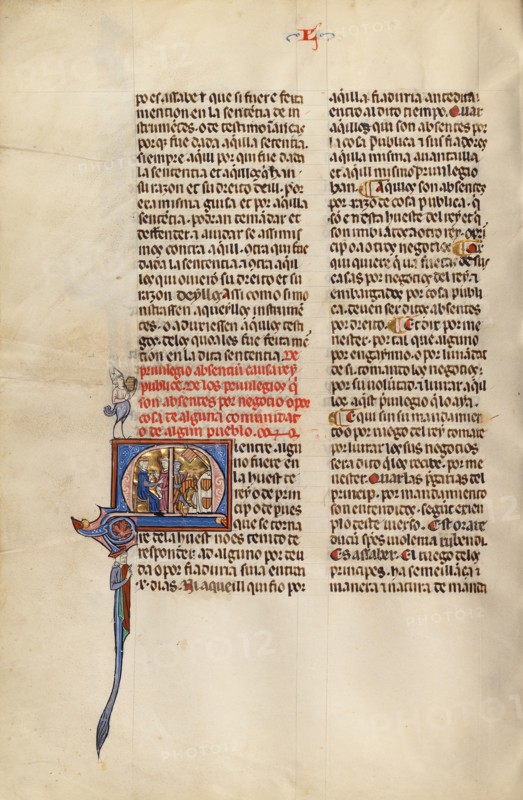 Initial M: A Judge and an Attorney and A Horseman before a Tent Decorated..., about 1290-1310. Creator: Unknown.