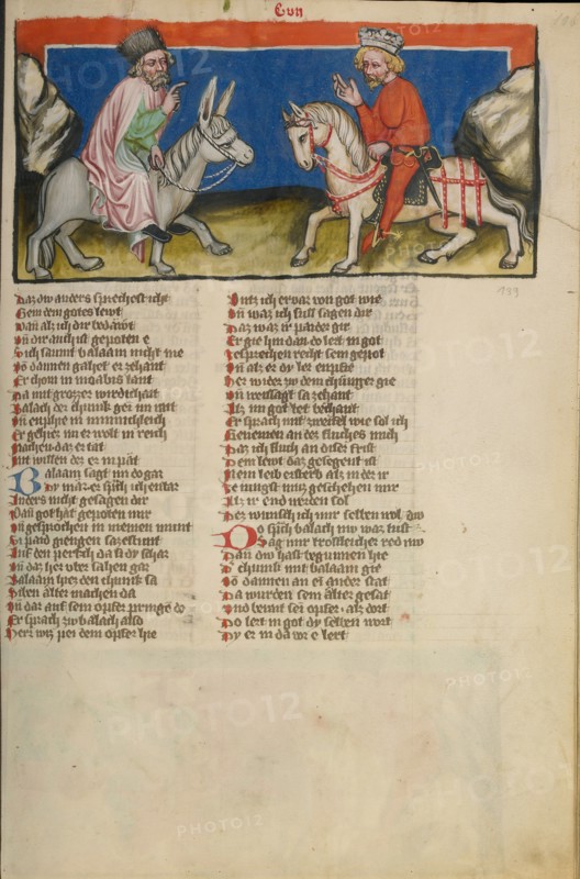 The Meeting of Balaam and Balak; Weltchronik, about 1400-1410. Creator: Unknown.