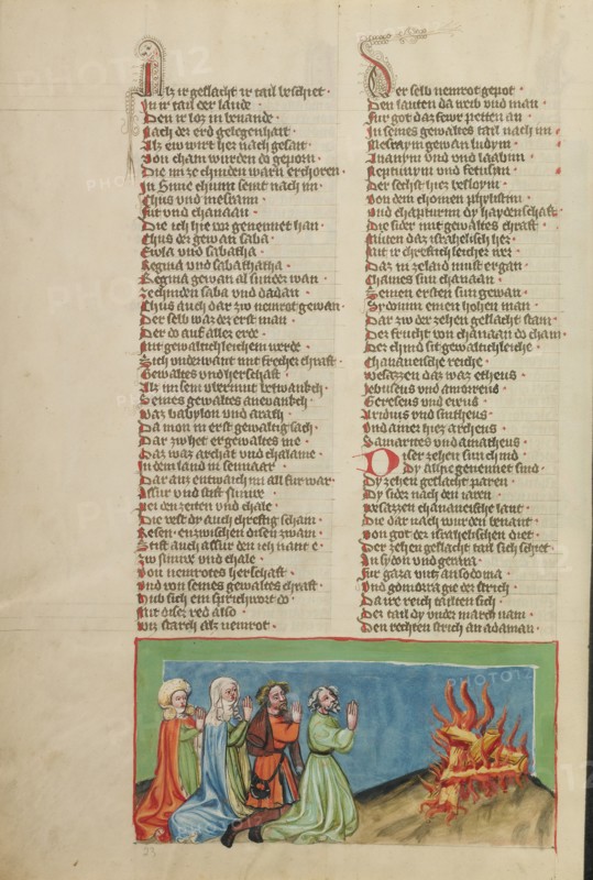 Nimrod and his Companions Venerating Fire; Weltchronik, about 1400-1410. Creator: Unknown.