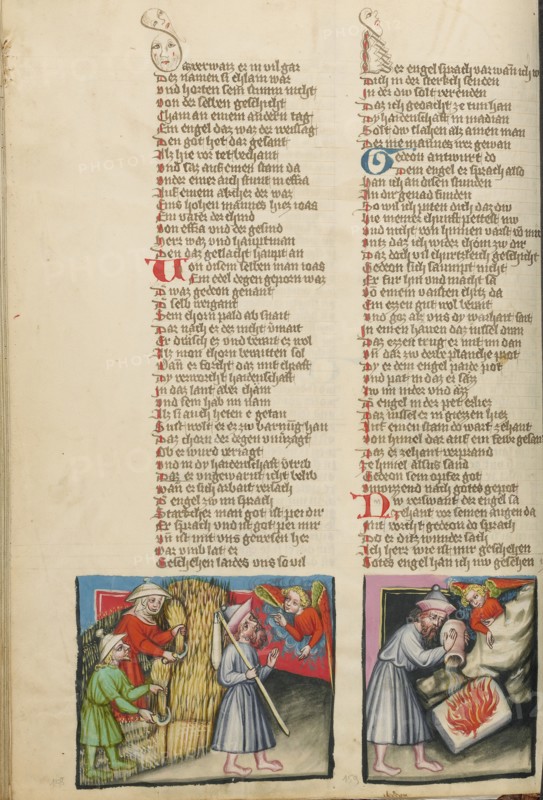 An Angel Appearing to Gideon: Gideon's Sacrifice; Weltchronik, about 1400-1410. Creator: Unknown.