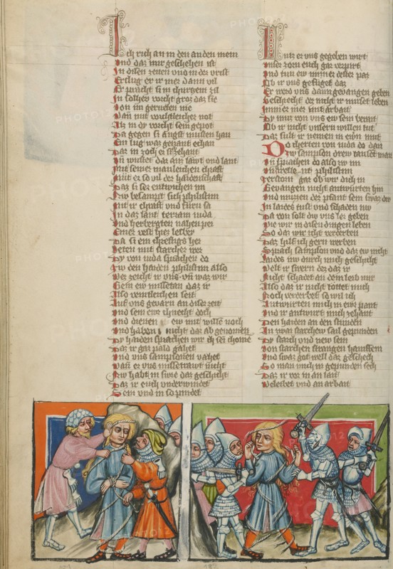 Samson being Bound: Samson Breaking the Ropes; Weltchronik, about 1400-1410. Creator: Unknown.