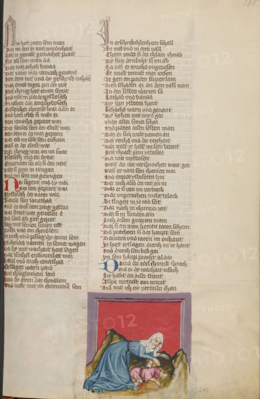The Nurse Falls with Mephibosheth; Weltchronik, about 1400-1410. Creator: Unknown.