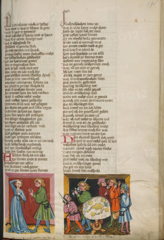 Tamar Complaining to Absalom: Absalom Ordering the Death of Amnon; Weltchronik, about 1400-1410. Creator: Unknown.