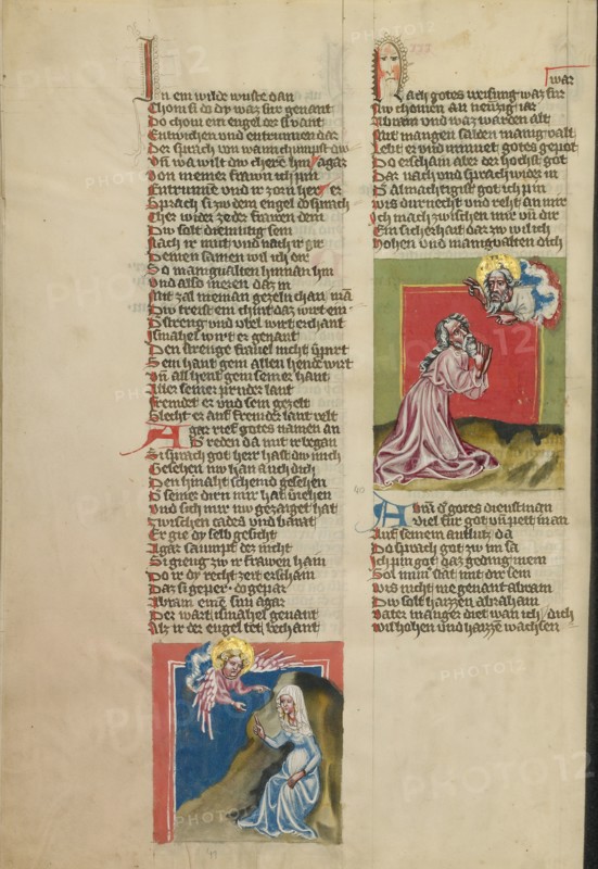 An Angel Appearing to Hagar in the Wilderness: God Speaking to Abraham; Weltchronik, about 1400-10. Creator: Unknown.