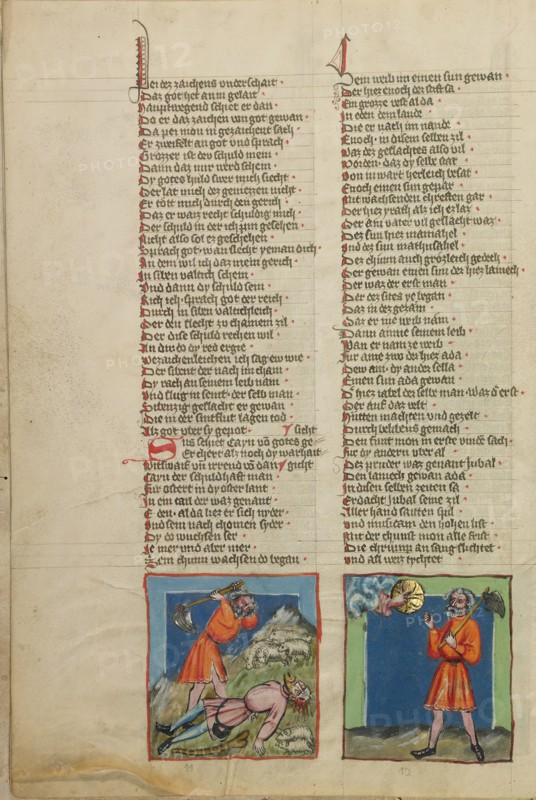 The Killing of Abel: Cain's Punishment; Weltchronik, about 1400-1410. Creator: Unknown.