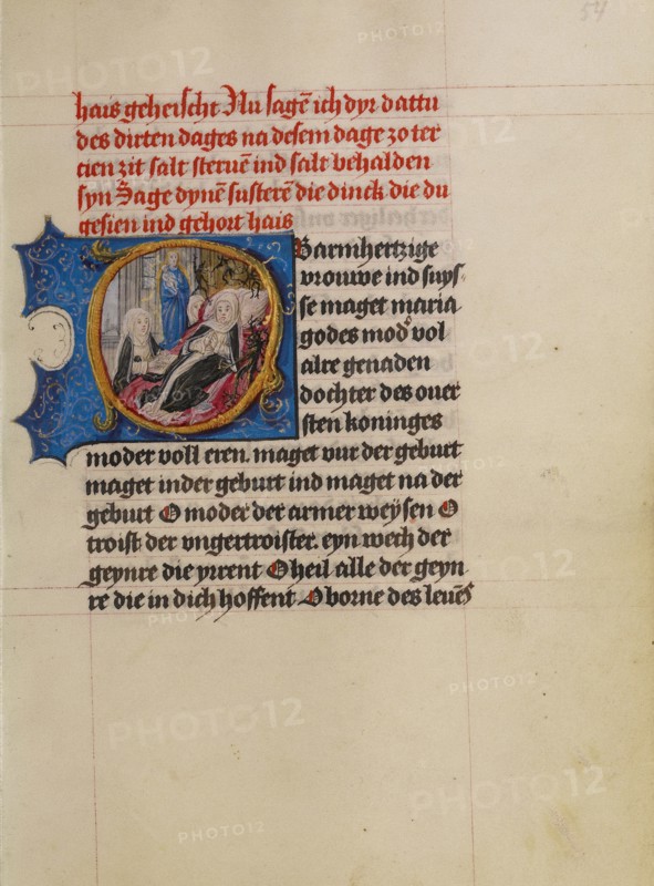 Initial O: A Woman on her Deathbed with the Virgin and Child and Devils; Book of Hours, about 1500. Creator: Workshop of Gerard Horenbout.