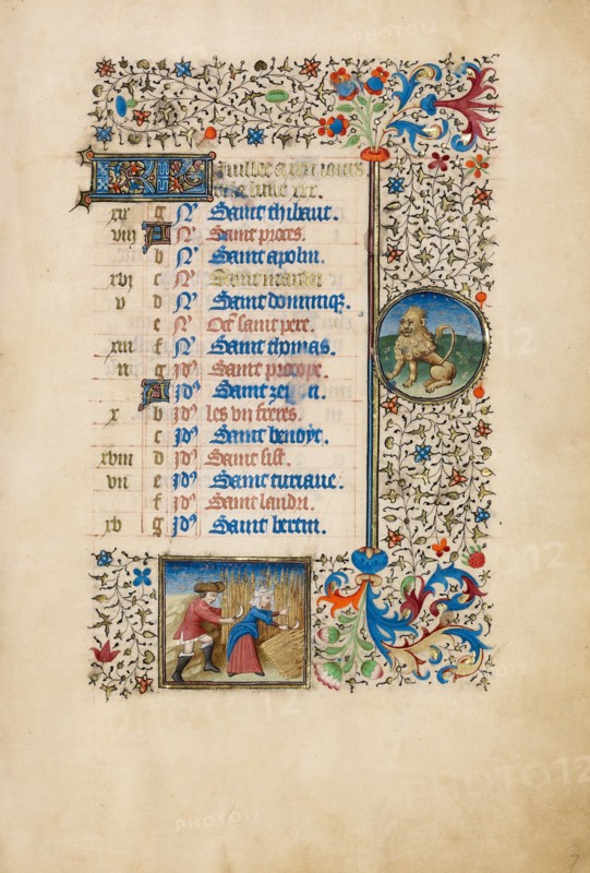July Calendar Page: Reaping: Leo; Book of Hours, about 1440-1450. Creator: Workshop of the Bedford Master.