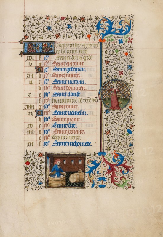 September Calendar Page: Making Wine: Libra; Book of Hours, about 1440-1450. Creator: Workshop of the Bedford Master.