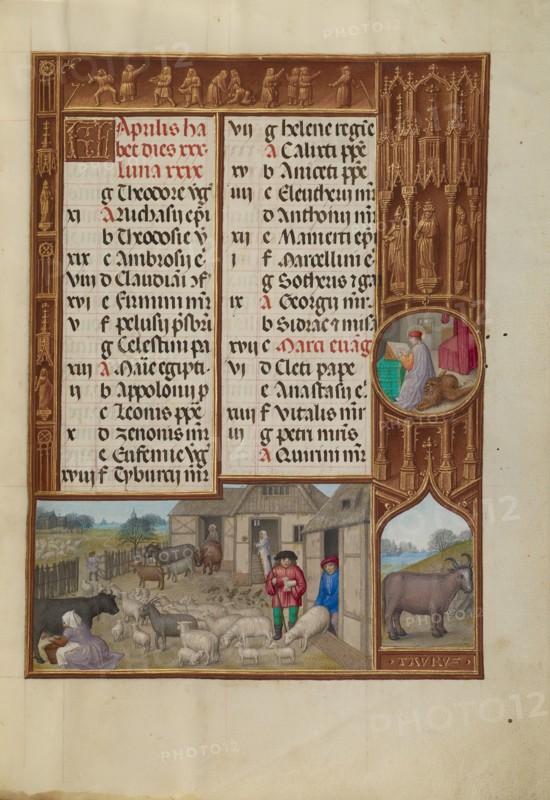 April Calendar Page: Milking and Butter Making: Taurus; Spinola Hours, about 1510-1520. Creator: Workshop of the Master of James IV of Scotland.