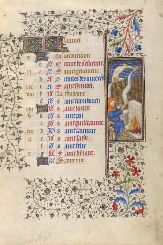 A Man Warming Himself by a Fire; January: Aquarius; Book of Hours; about 1415-1420. Creator: Workshop of the Master of the Rohan Hours.