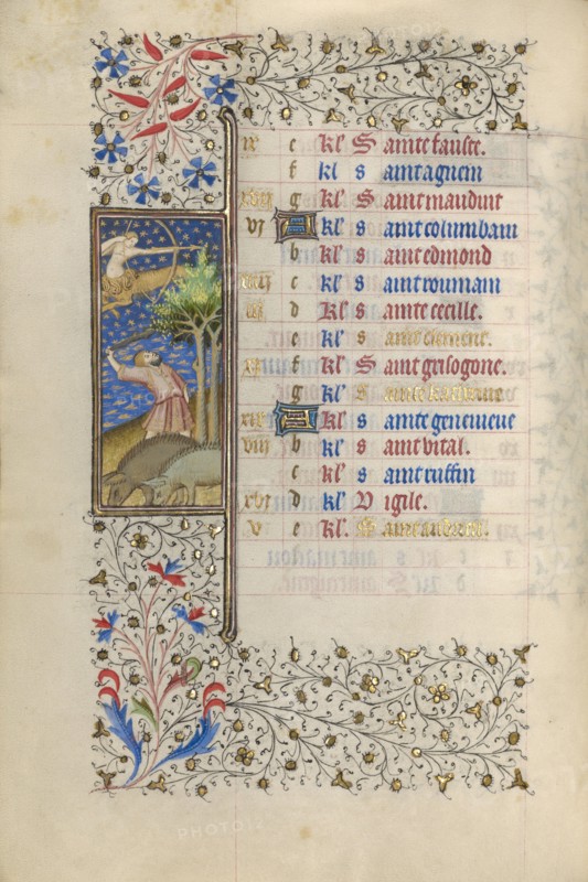 A Man Knocking Acorns from a Tree; Book of Hours, about 1415-1420. Creator: Workshop of the Master of the Rohan Hours.