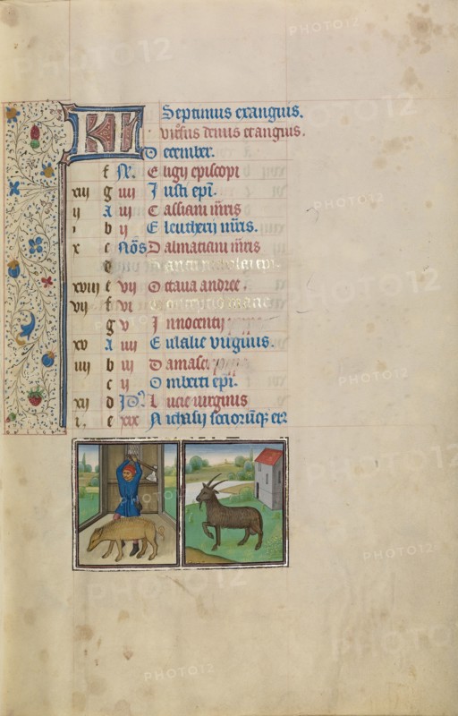 December Calendar Page: Slaughtering a Pig: Capricorn; Arenberg Hours, early 1460s. Creator: Workshop of Willem Vrelant.