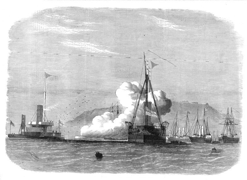 Firing trials against H.M.S. Glatton in Portland Roads, 1872. Creator: Unknown.