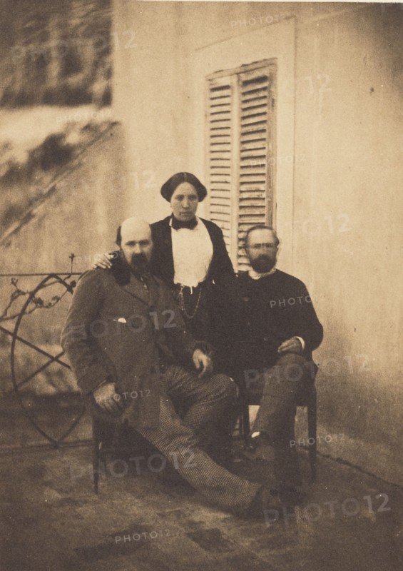 Portrait of Rachel Félix and Two Unidentified Men on a Balcony, 1853. Creator: Charles Nègre.