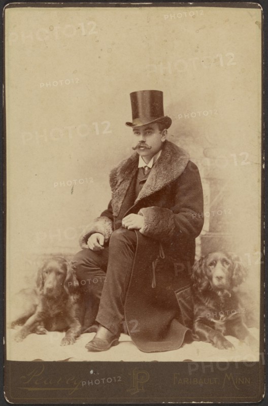 Portrait of a Moustachioed Seated Man in Top Hat and Winter, Fur-Collared Coat..., about 1890. Creator: Lewis Peavey.