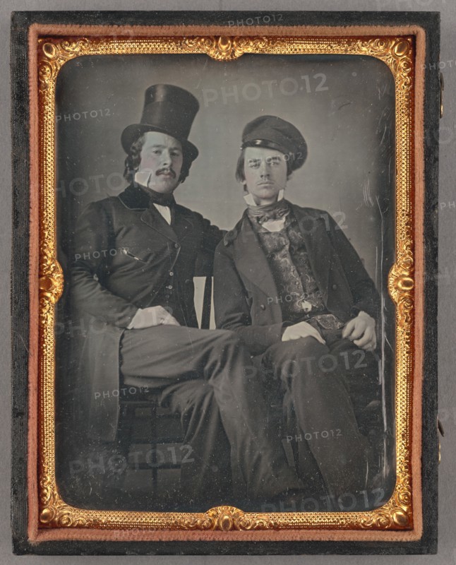 Portrait of Seated Two Men, One in Top Hat, Another in Cap, about 1850. Creator: Unknown.
