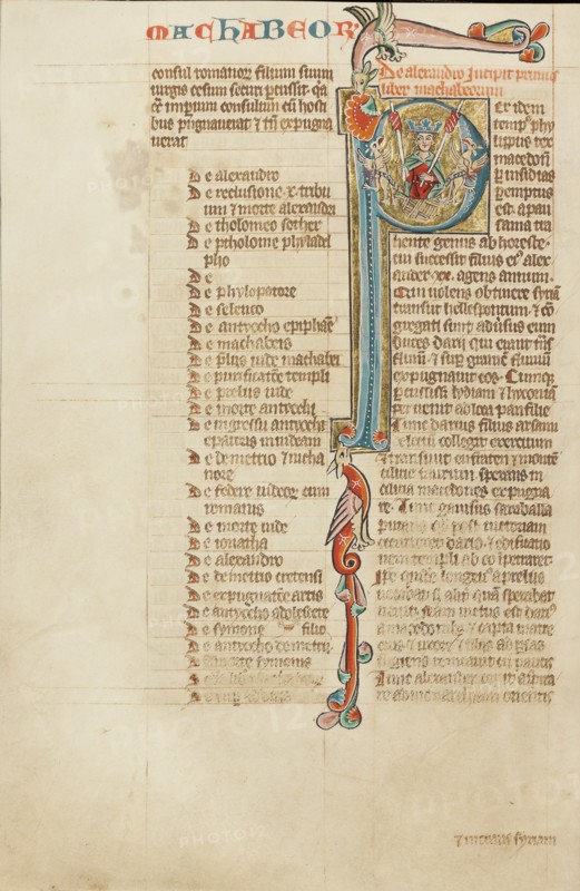 Initial P: Alexander the Great Carried Aloft by Griffins; Historia Scholastica, about 1300. Creator: Unknown.