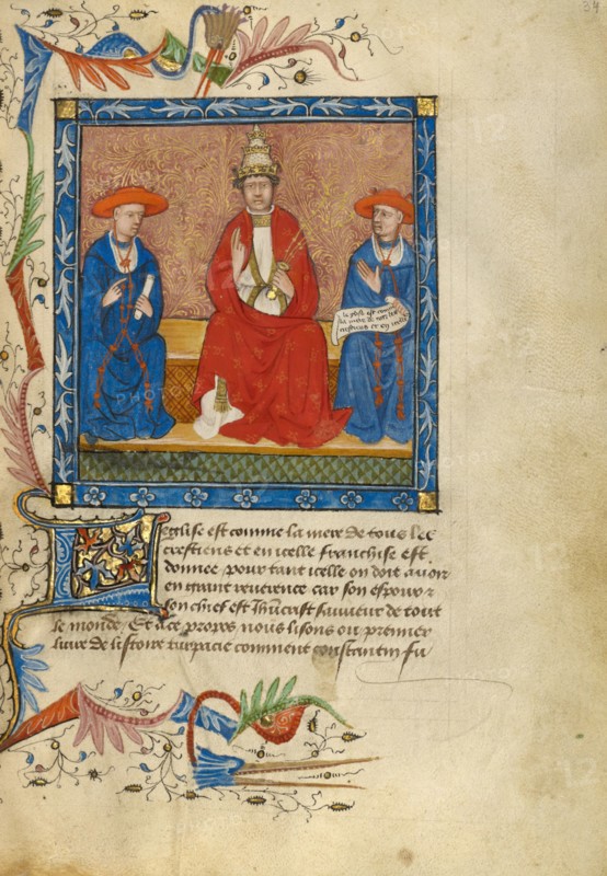 A Pope Flanked by Two Cardinals; Livre de Bonnes Meurs, about 1430. Creator: Unknown.