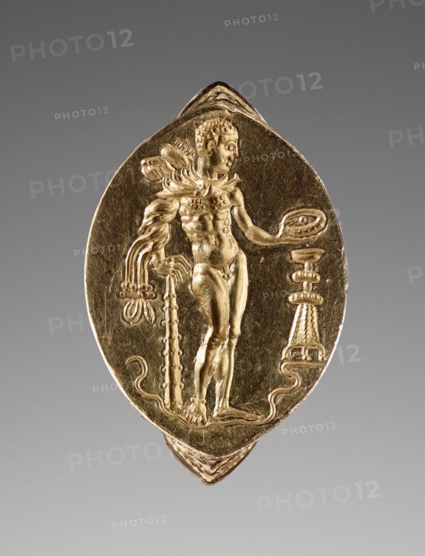 Gold Ring with Herakles Pouring a Libation, about 400 BC. Creator: Unknown.