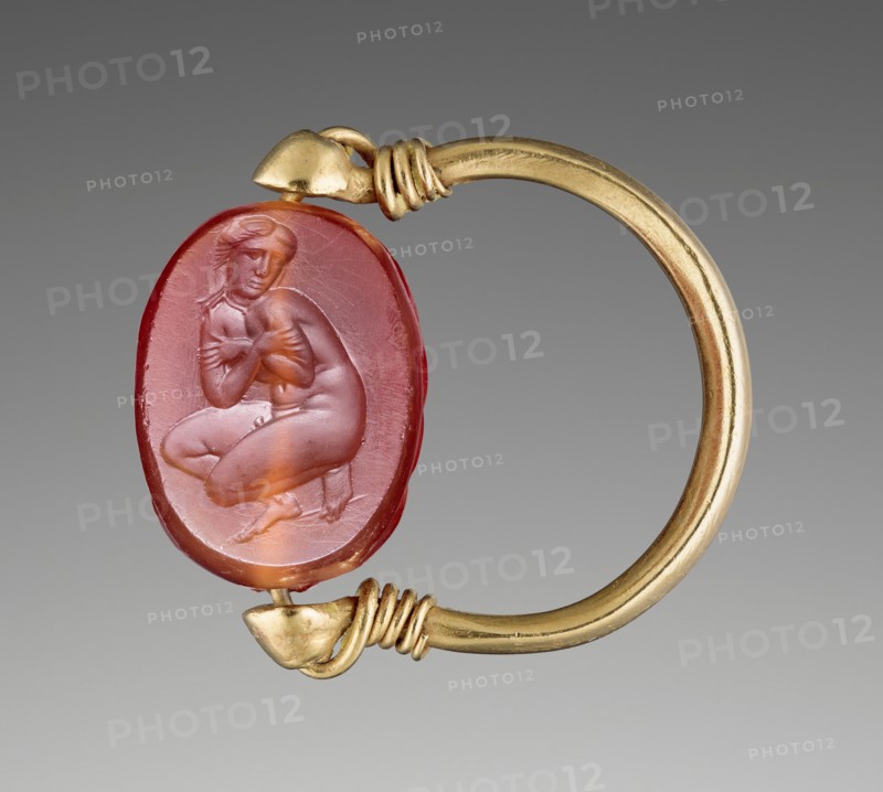 Engraved Scarab with Aphrodite Bathing in a Gold Swivel Ring, about 350 BC. Creator: Unknown.