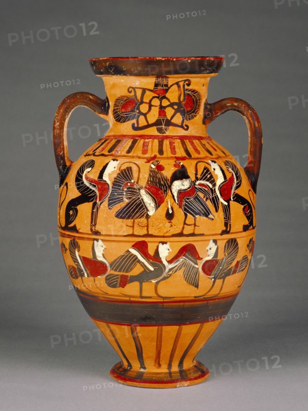 Attic Black-Figure Amphora ("Tyrrhenian"), 555-550 BC.   Creator: Pointed Nose Painter.