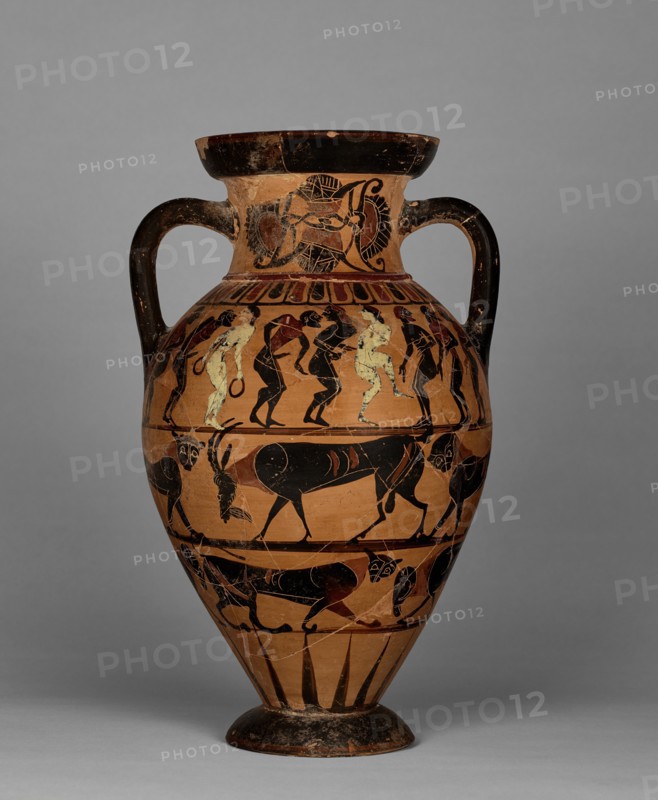 Neck amphora with (A) nude men and women, and (B) man and woman between sphinxes, 565-550 BC. Creator: Timiades Painter.