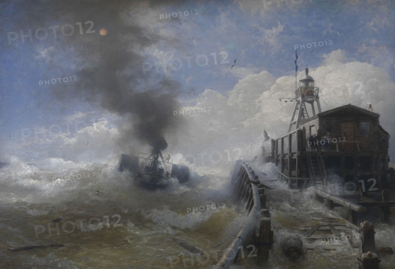 A Tug Leaving the Port of Ostend at High Tide, 1878. Creator: Andreas Achenbach.