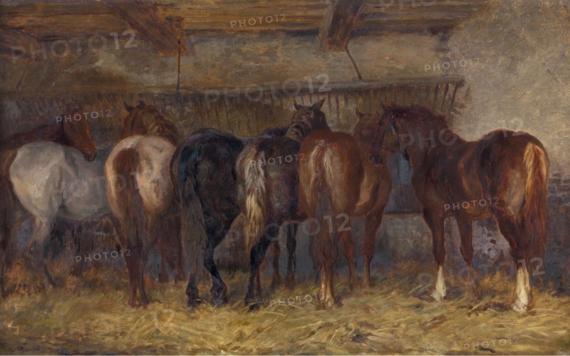 Horses in Stable, mid-19th century. Creator: Charles Philogène Tschaggeny.