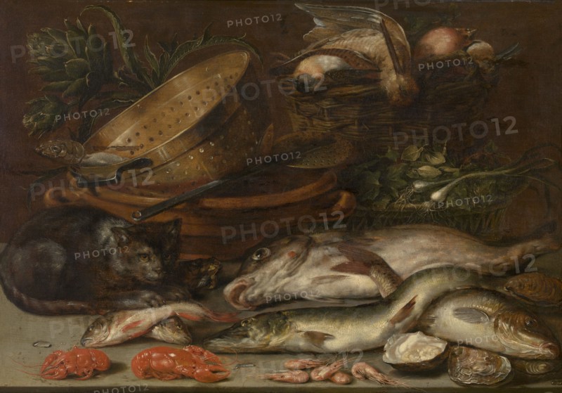 Fish, Crustacea, Poultry, Vegetables and a Cat, early-mid 17th century. Creator: Alexander Adriaenssen.