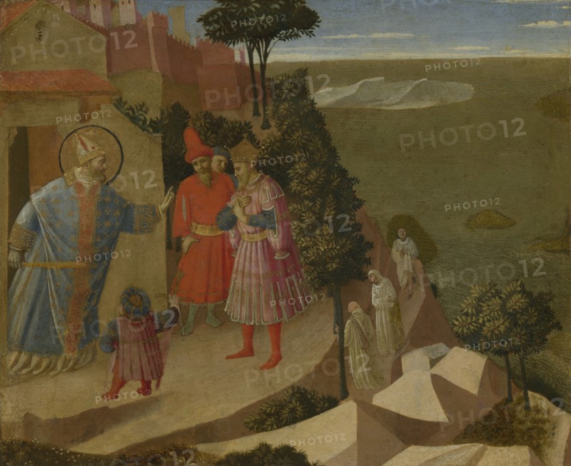 Saint Romuald Refuses Emperor Otto III Admission to the Church, 1435. Creator: Fra Angelico.