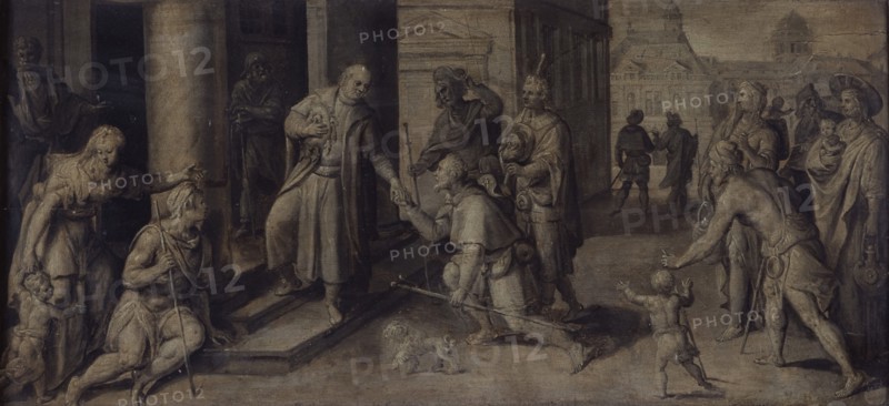 Saint Luke Giving three Pilgrims Alms, c1560-1600. Creator: Martin de Vos.